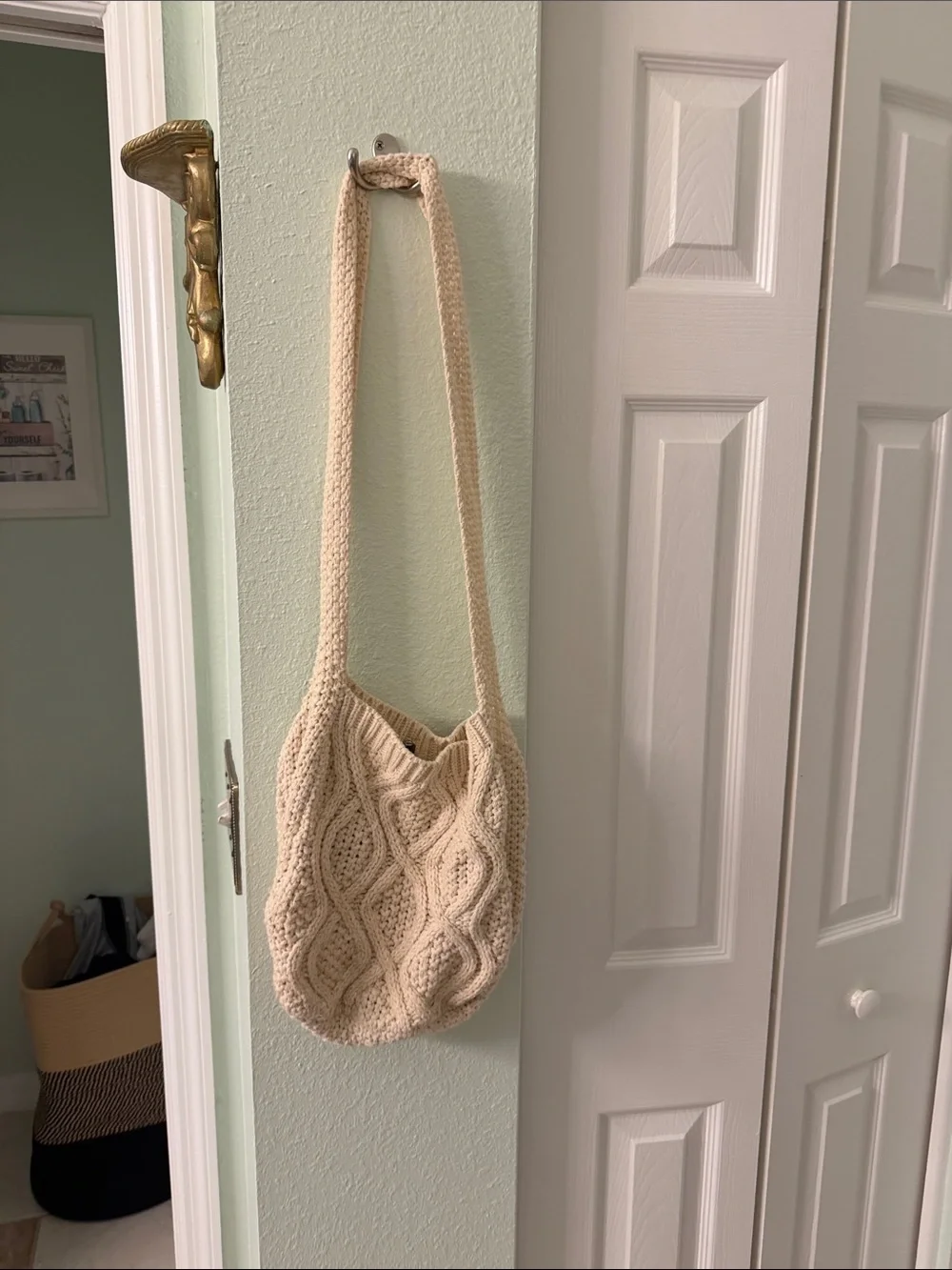 Cream Knit Shoulder Bag - Casual Crochet Sling